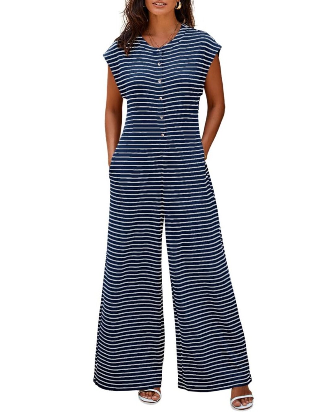Womens Summer Striped Wide Leg Cap Sleeve Button Down Jumpsuits